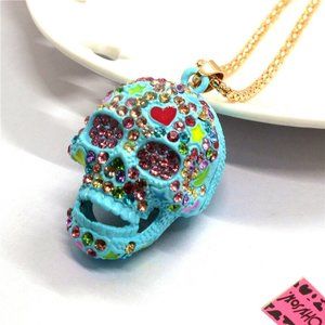 NEW Betsey Johnson Blue Sugar Skull Candy Skull Necklace Pendant Chain